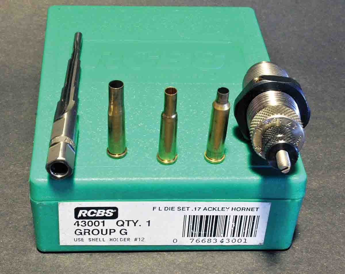 Included with the rifle was the JGS chamber reamer and a set of RCBS .17 Ackley Hornet dies. Cases are formed by necking down .22 Hornet brass, then fireforming in the Ackley chamber.